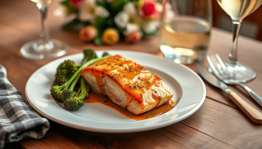 Miso and Maple Glazed Salmon with broccolini on white plate.