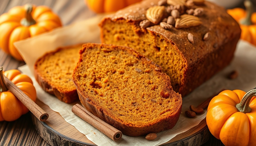 Healthy pumpkin bread sliced on a wooden board with small pumpkins.