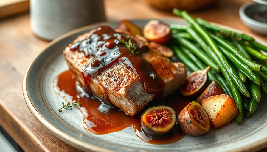 Pork Shoulder with Fig Sauce served with beans and potatoes.