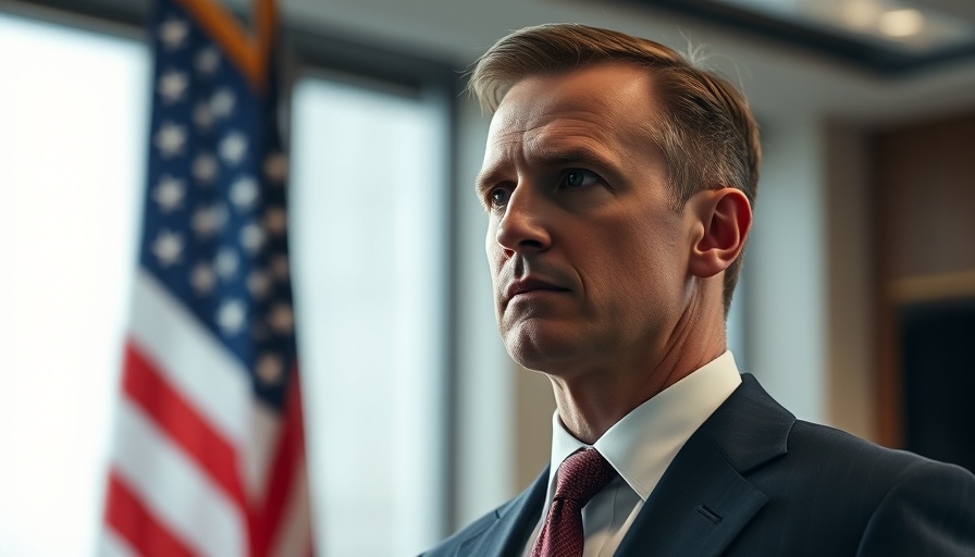 Serious man in suit with American flag backdrop, Rami Malek The Amateur.