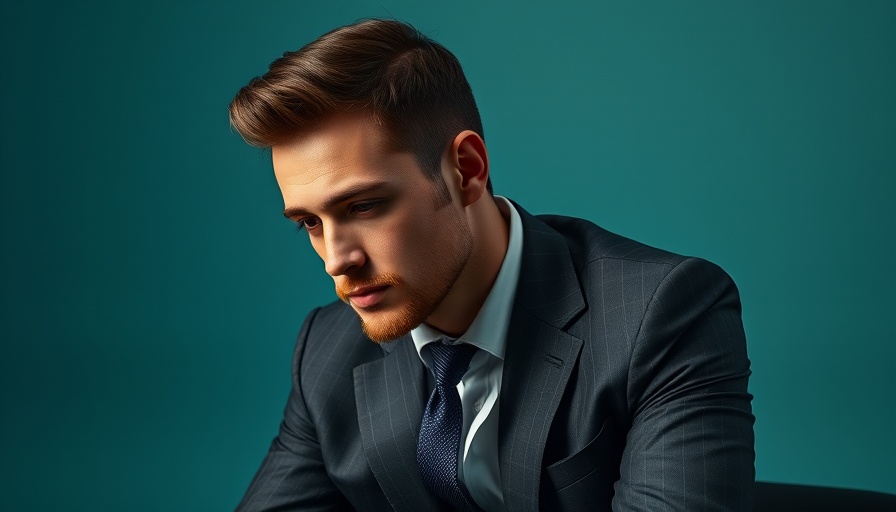Dapper man in suit with thoughtful expression, teal background.