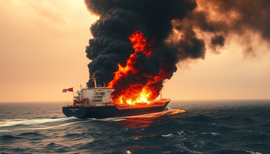 Cargo ship fire at sea with black smoke and flames.