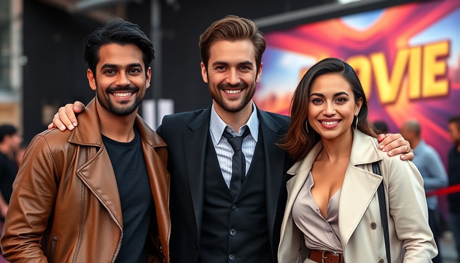 Stylish trio at O'Dessa movie premiere with colorful backdrop.