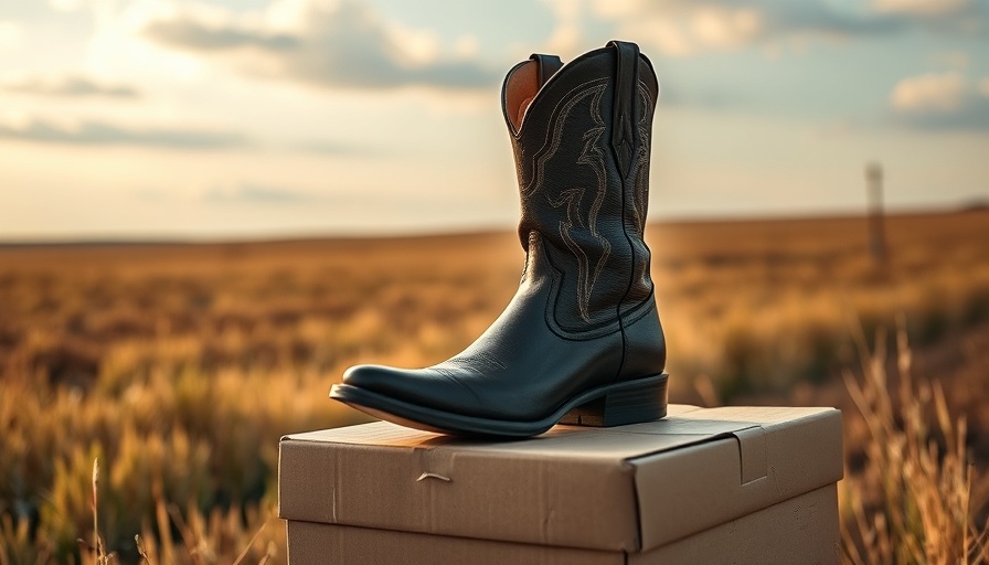 Austin local brands cowboy boot in rustic field.