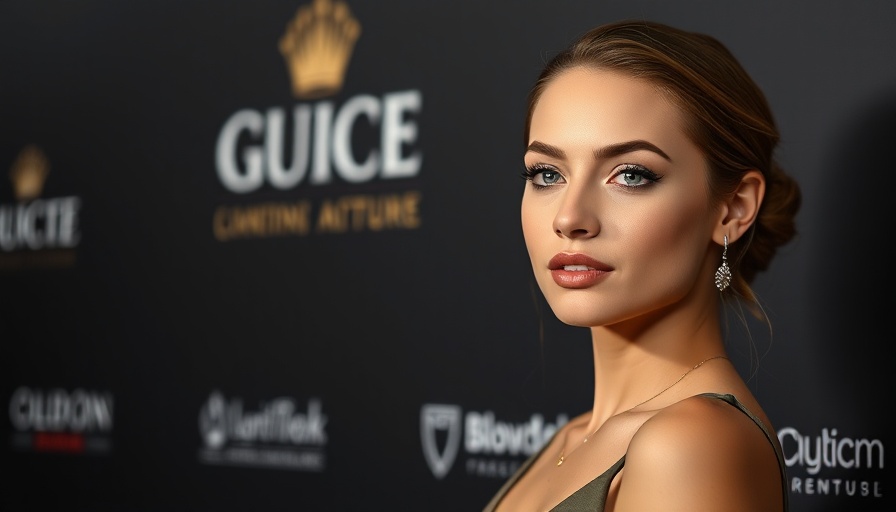 Elegant young woman at event with poised expression and black backdrop.