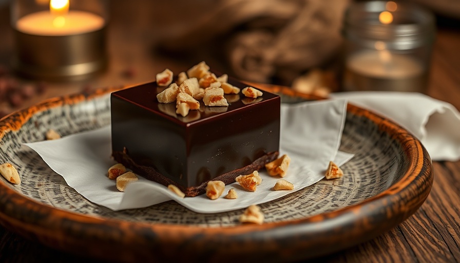 Dark chocolate dessert with nuts; healthy dessert recipe idea.