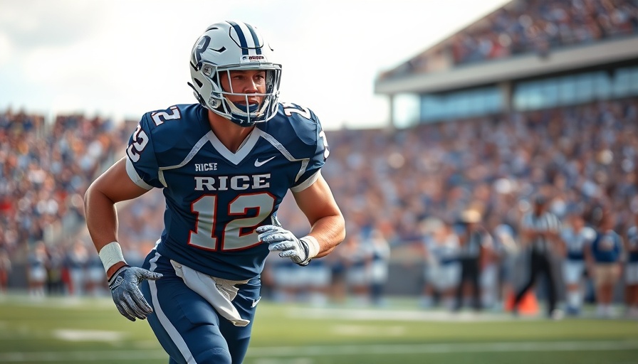 Rice University football player mid-action on field, focusing on game.