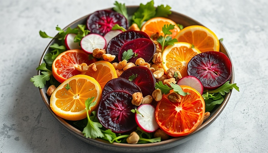 Vibrant baby roasted beet and citrus salad on a gray table.