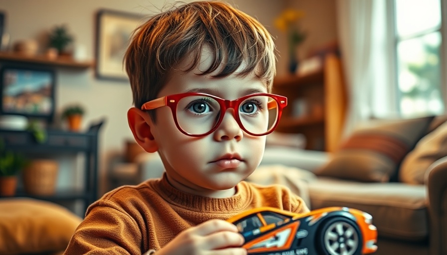 Young boy in glasses holding toy car indoors, bullying awareness rally.