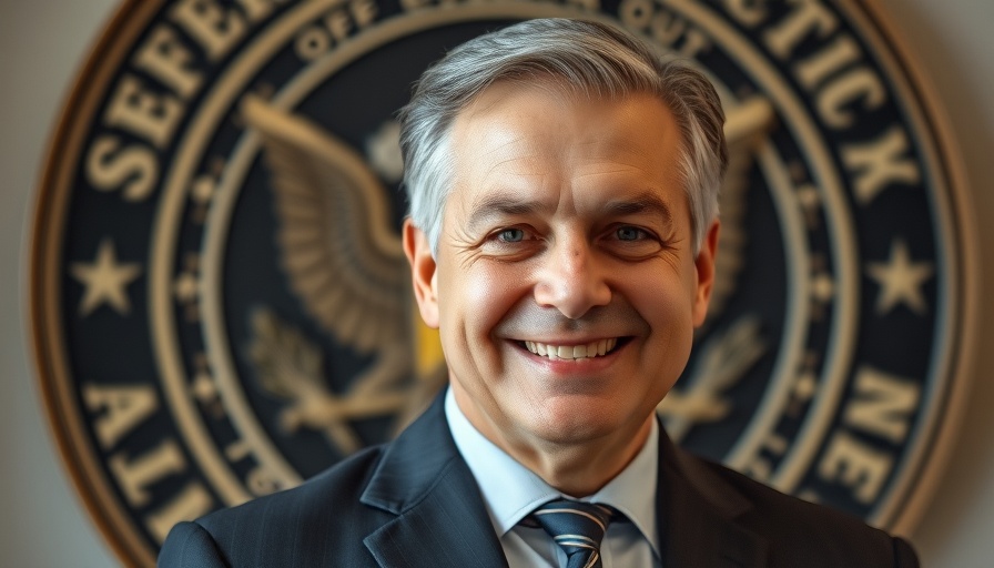 Portrait of man in formal attire with city seal.