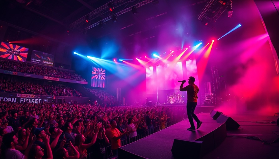 Dramatic concert scene with vibrant lights and crowd