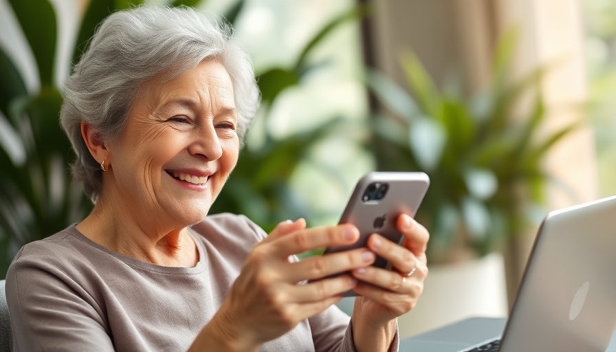 Older woman using smartphone for health empowerment in garden.