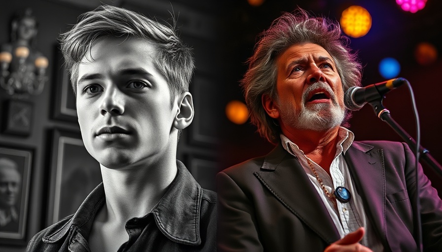 Journey through time: young and mature performer reflecting fame experience.