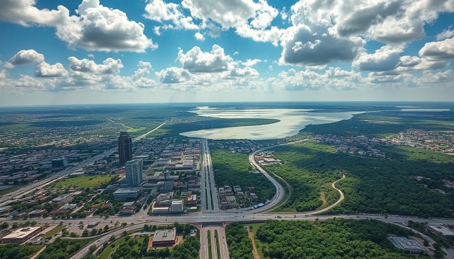 Aerial view of a new music venue in Southeast Austin amid cityscape.