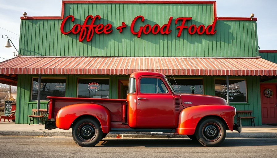 Vintage red truck at new Austin restaurant with green exterior.