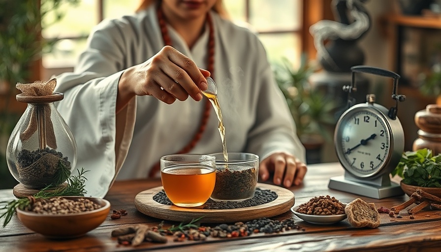 Traditional healing practice with herbal tea pouring on a wooden table.
