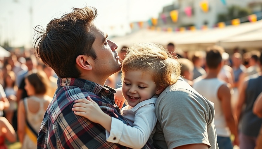 Family reunion moment with couple and child in sunny setting.