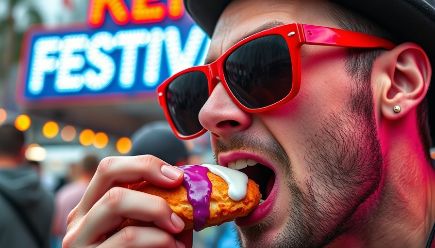 Man enjoying food at Austin food and music festival near neon sign.