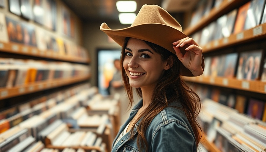 SXSW 2025 street style, woman in record store adjusting cowboy hat.