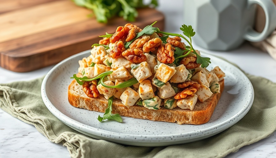 Appetizing chicken salad sandwich with arugula dressing, walnuts.