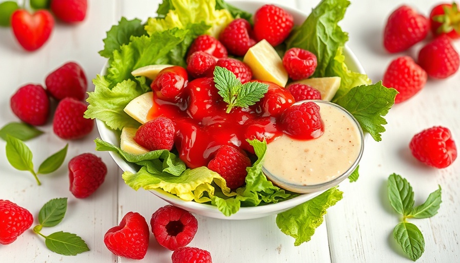 Salad with homemade raspberry vinaigrette recipe on a white table.