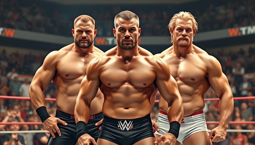 Muscular men in wrestling ring, intense expressions, vibrant scene.