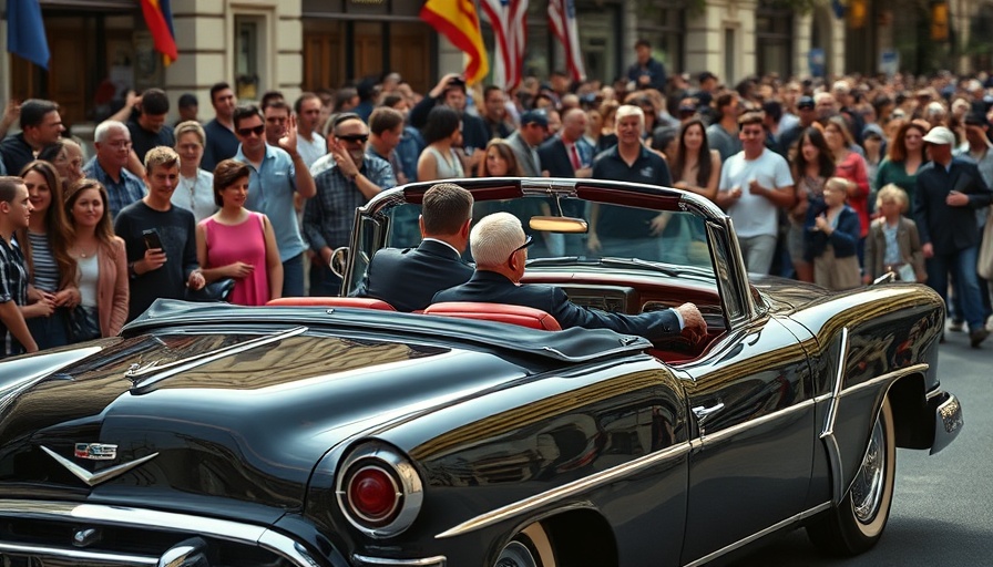Historic image capturing iconic figures in black convertible, crowd visible.