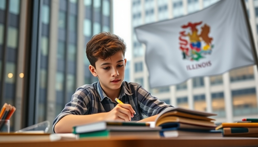Child studying at home with Illinois flag; Illinois homeschooling bill context.