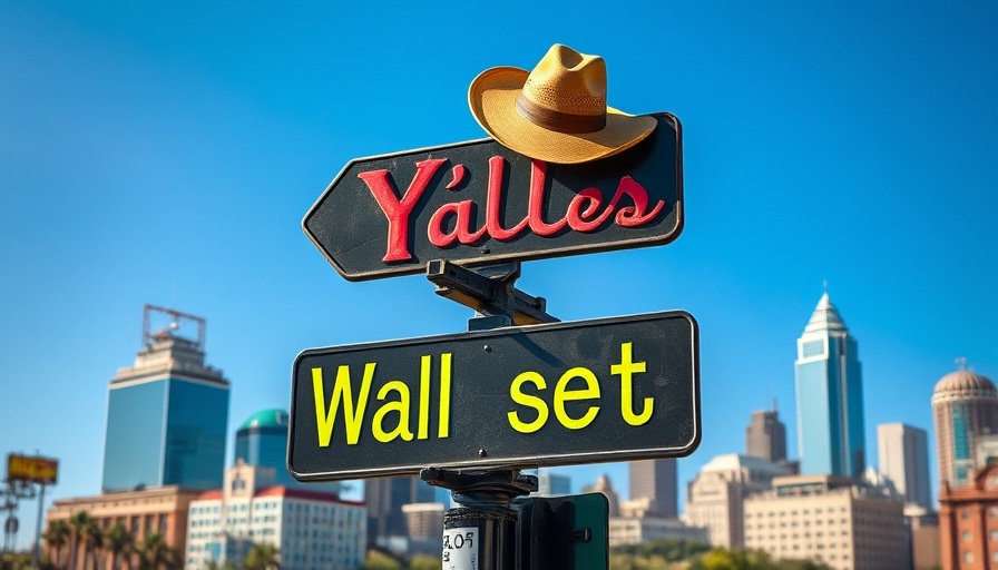Parody Wall Street sign with Dallas skyline and Texas themes.