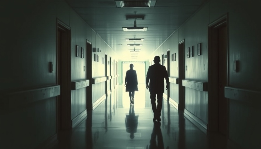 Dimly lit hospital corridor with two figures; private equity firms buying disability care centers.