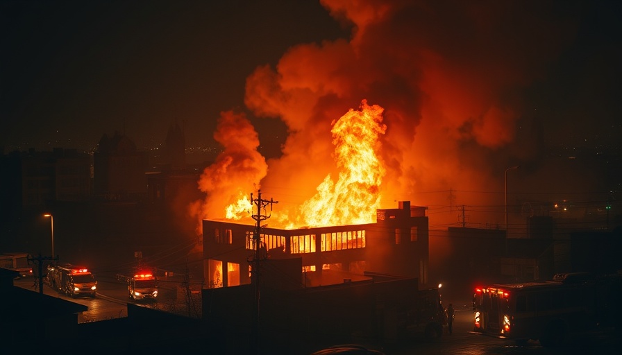 Pauline Road Fire with firefighters battling flames at night.
