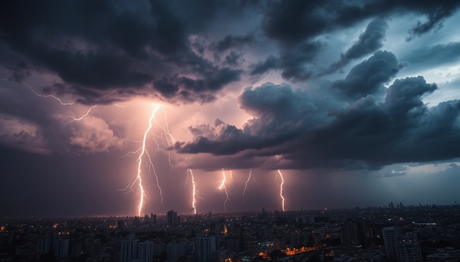US death toll from extreme weather depicted by lightning over city.