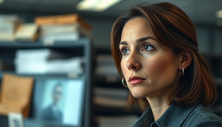Woman in office contemplating, related to pandemic food fraud scheme.
