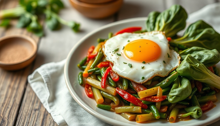 Spicy ginger and garlic braised bok choy with egg, rustic setting.