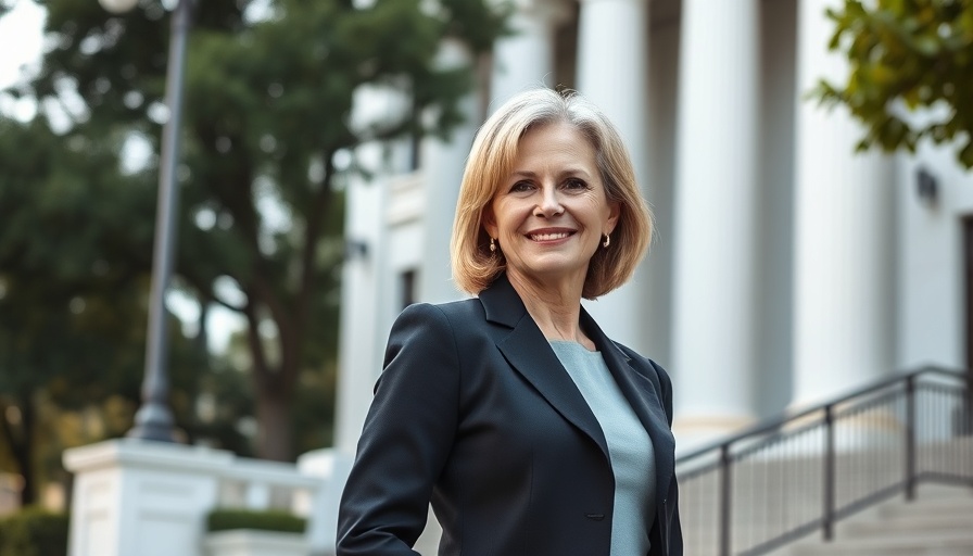 Mature woman smiling outdoors near government building.