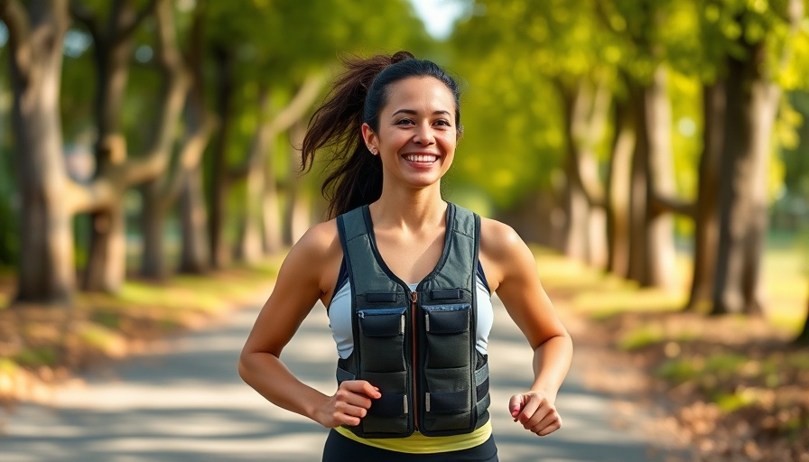 Woman walking with a weighted vest benefits on a forest road.