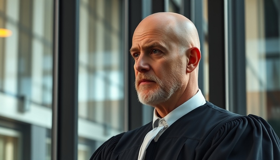 Bald judge reflecting by window, preparing for immigration case.