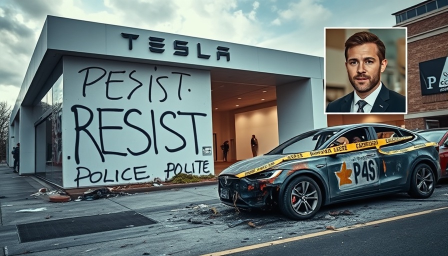 Tesla showroom with 'RESIST' graffiti and burnt car, Tesla violence incidents.