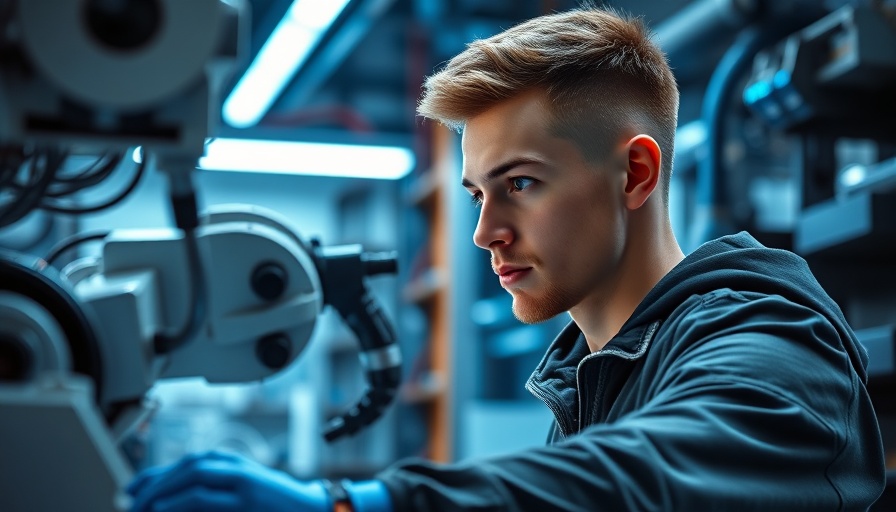 Young man operating robotic arm in tech lab for Austin business news.