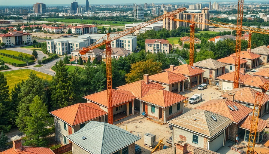 US homebuilding and manufacturing surge, modern construction site with cranes and workers.