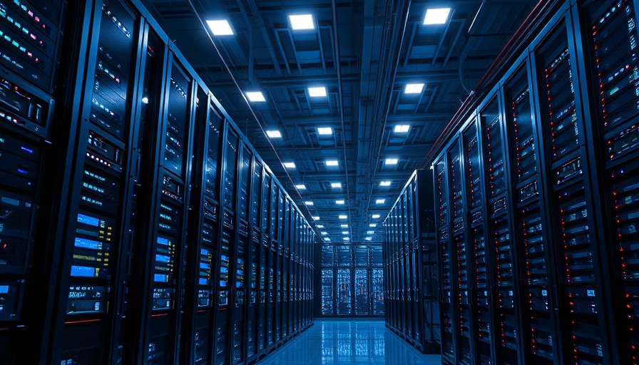 Data center with illuminated server racks highlighting energy usage.