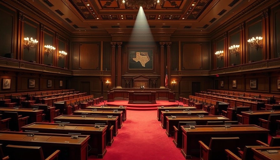 Texas Senate chamber with spotlight on podium, capturing grid reliability housing affordability discussions.