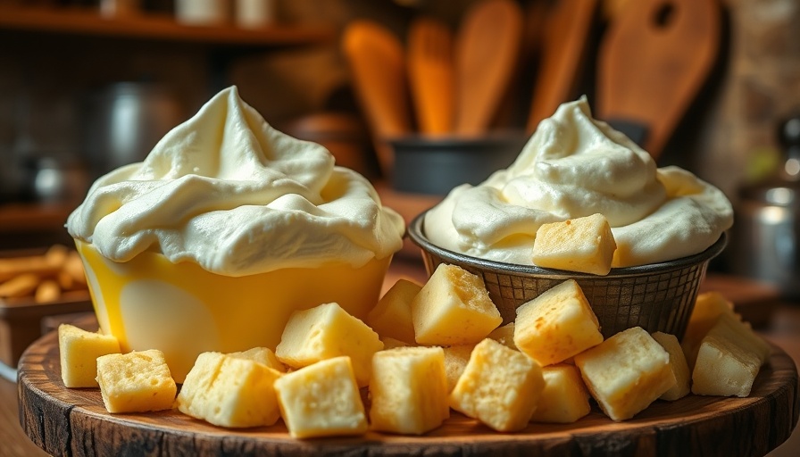 Appetizing frozen custard and cheese curds on wooden table.