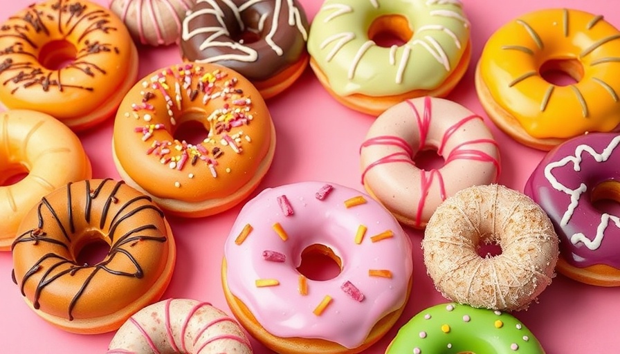 Assortment of colorful donuts and pastries on pink background.