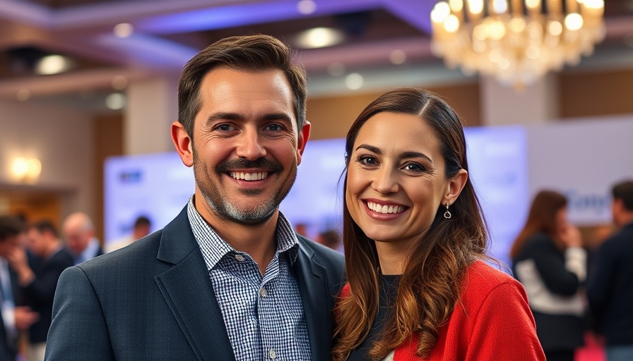 Man and woman smiling together at an event, indoor lighting.