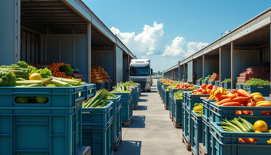 Distribution center with trucks loaded with produce linked to U.S.-Mexico trade.
