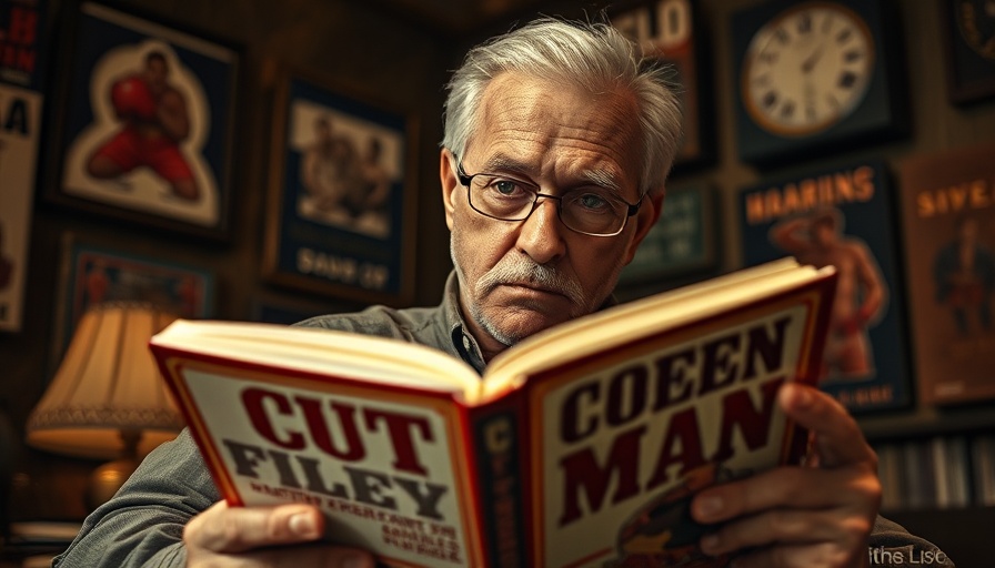 Older man, boxing club shirt, focused on 'Cut Man' book, George Foreman comeback.