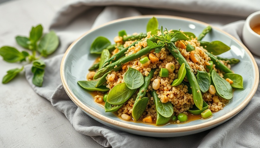 Snap pea, asparagus, and quinoa salad with peanut dressing on a plate.
