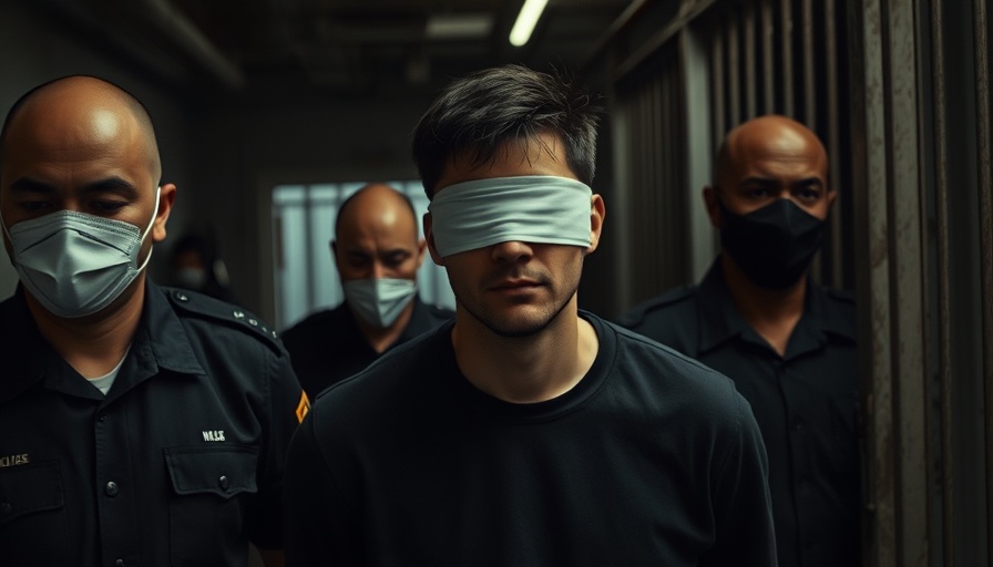 Blindfolded man escorted by masked officers in a facility, deportation policies.