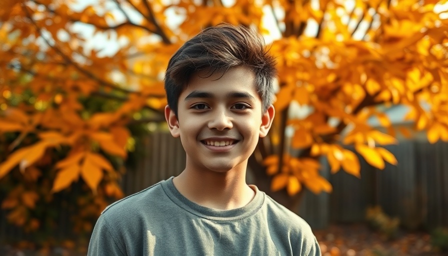 Young person in autumn backyard, vibrant leaves, soft smile.